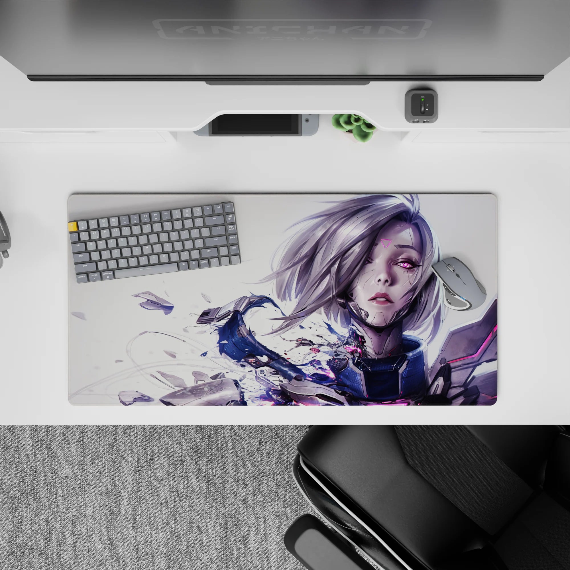 32x16 inches gaming mouse pad in moody sci-fi tones, pale backdrop with neon magenta streaks and shards.