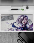 32x16 inches gaming mouse pad in moody sci-fi tones, pale backdrop with neon magenta streaks and shards.