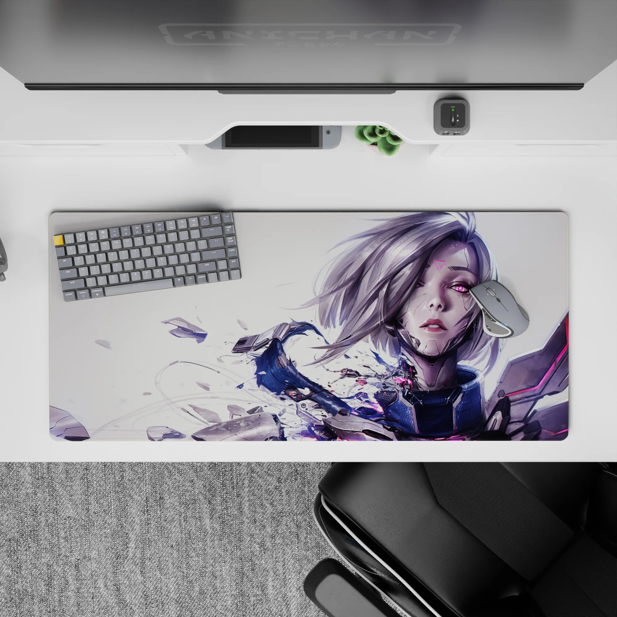 Moody sci-fi anime desk pad 36x16 inches, silver bob hair on pale backdrop with magenta streaks.