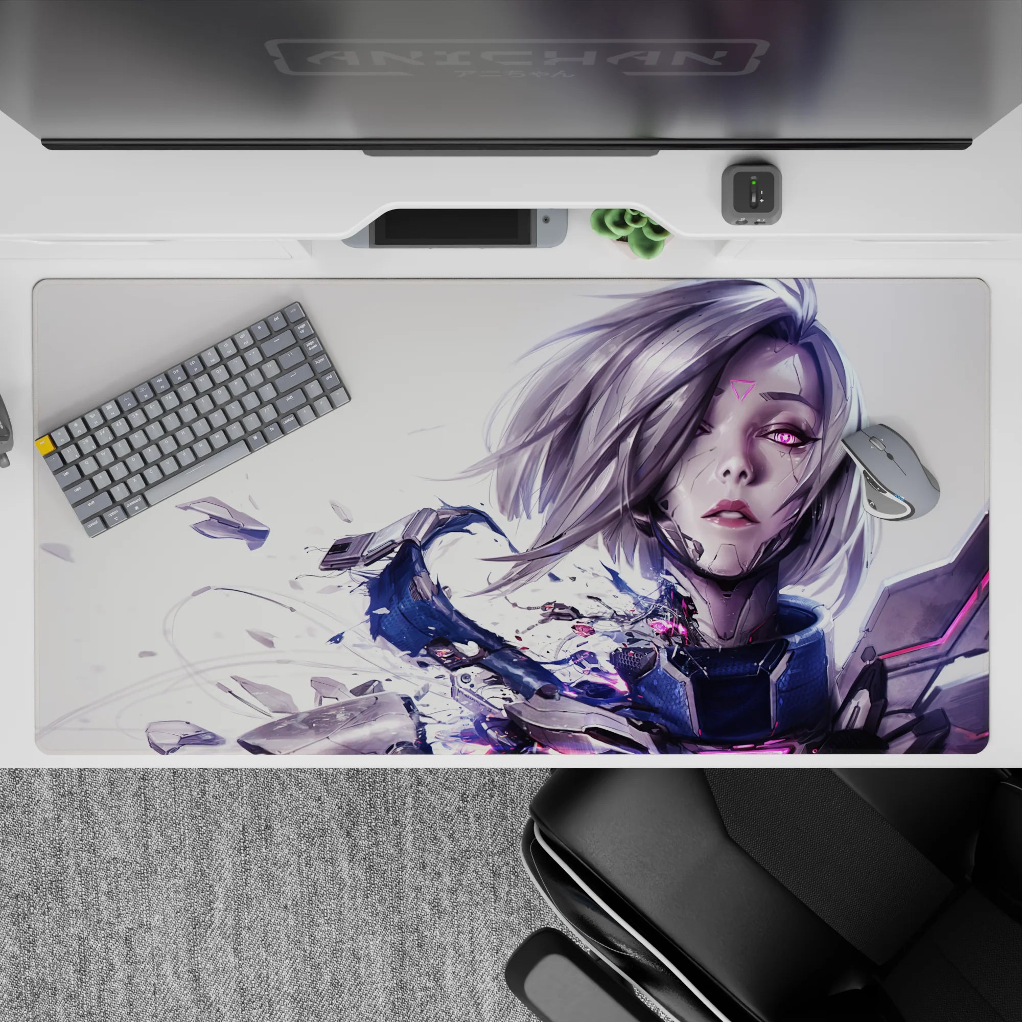 Moody sci-fi anime girl desk pad 40x20 inches in silver hair, pale tones, and neon magenta accents.