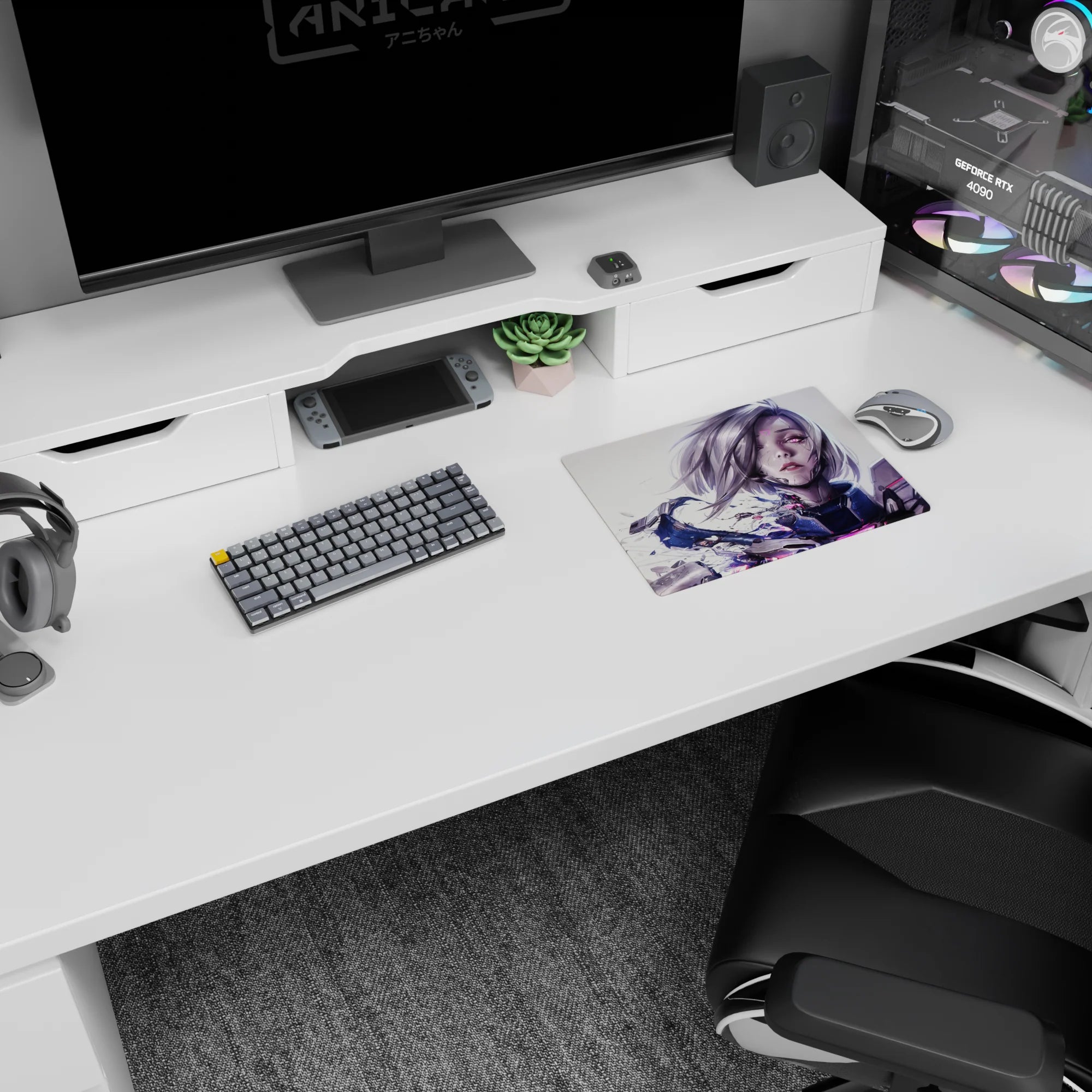 14x10 inches anime girl mouse pad showing a silver-bob cyber warrior amid shattered armor and glowing shards.