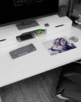 14x10 inches anime girl mouse pad showing a silver-bob cyber warrior amid shattered armor and glowing shards.