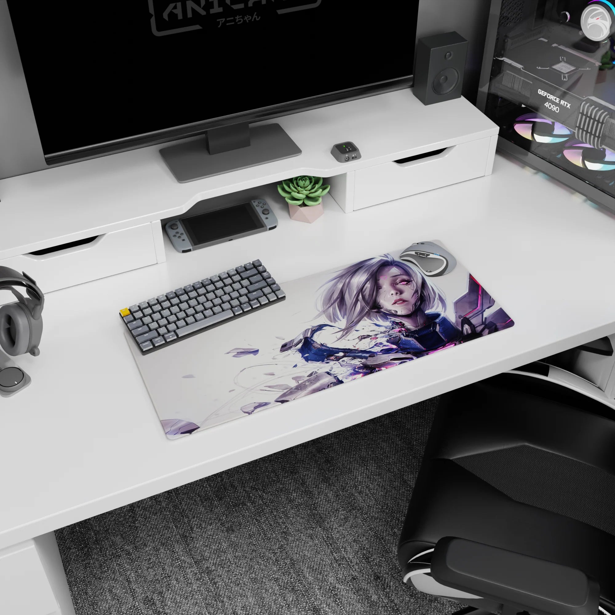 Anime girl mouse pad 28x12 inches showing a cyber anime heroine with silver bob and shattered armor effect.