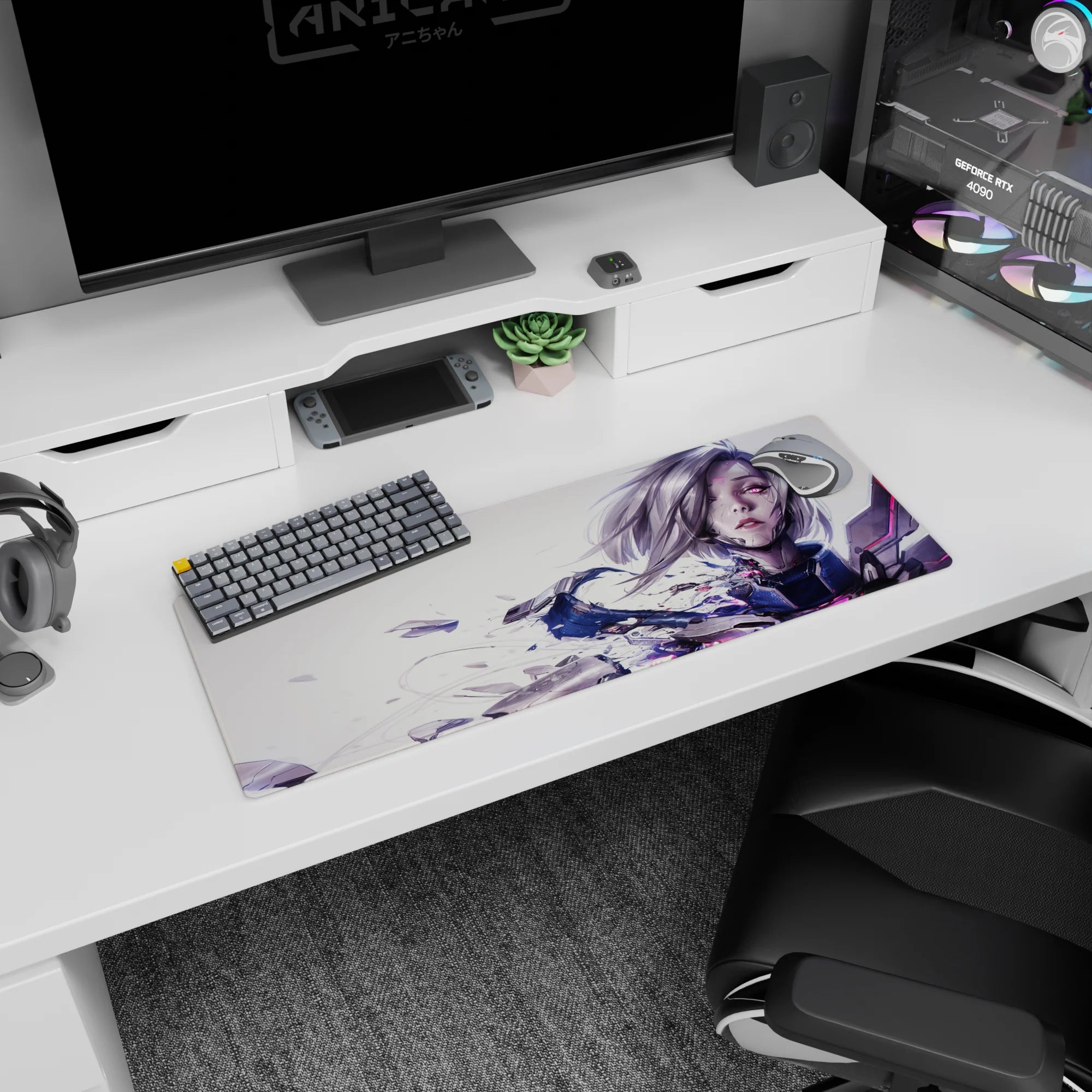 32x12 inches desk mouse pad showing a sleek cyber anime girl with silver bob, armor shards, glitch streaks.