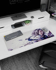 32x12 inches desk mouse pad showing a sleek cyber anime girl with silver bob, armor shards, glitch streaks.