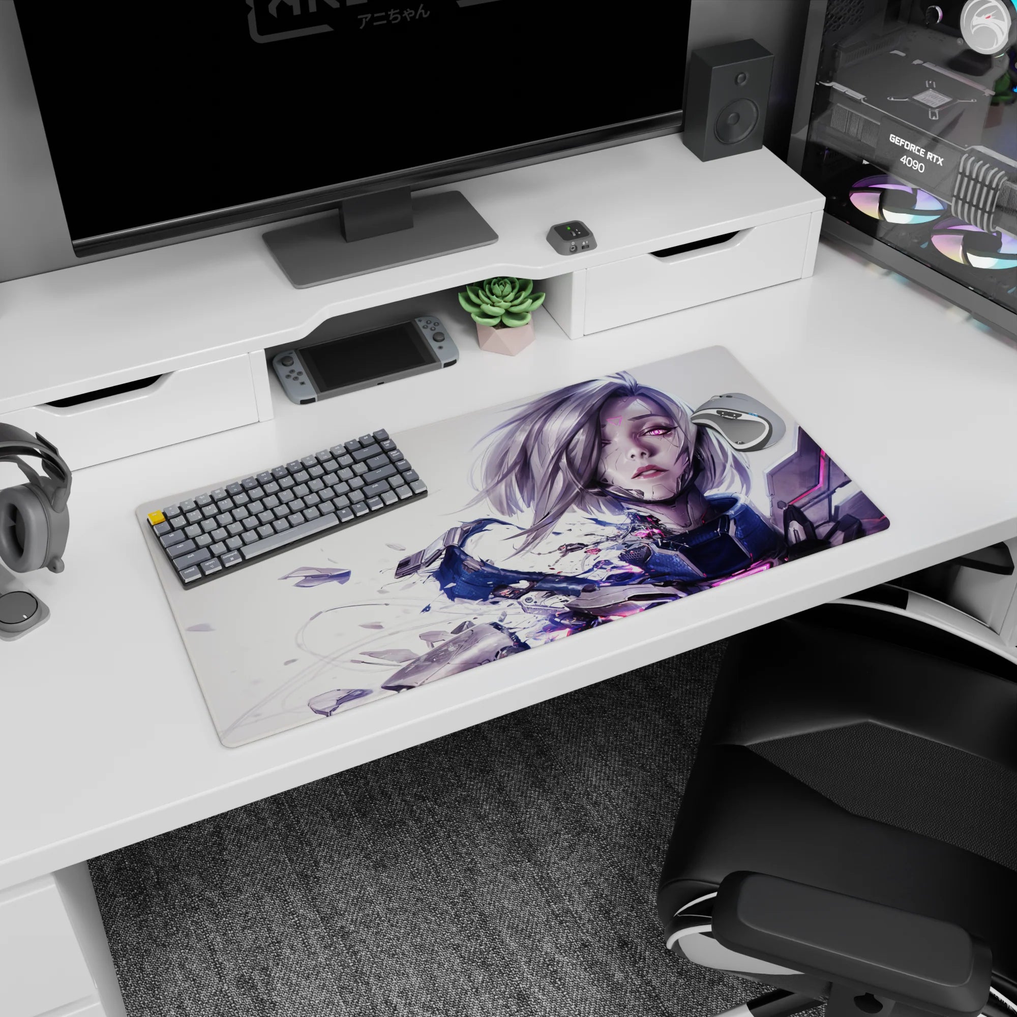 32x16 inches anime mouse pad showing a sleek cyber girl with silver bob and glowing magenta lines on armor.