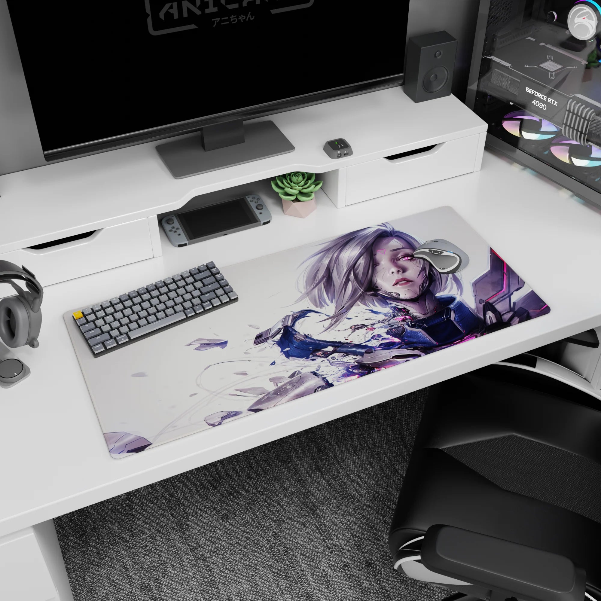 Cyber anime girl with silver bob and shattered armor on desk pad 36x16 inches, neon magenta lines.