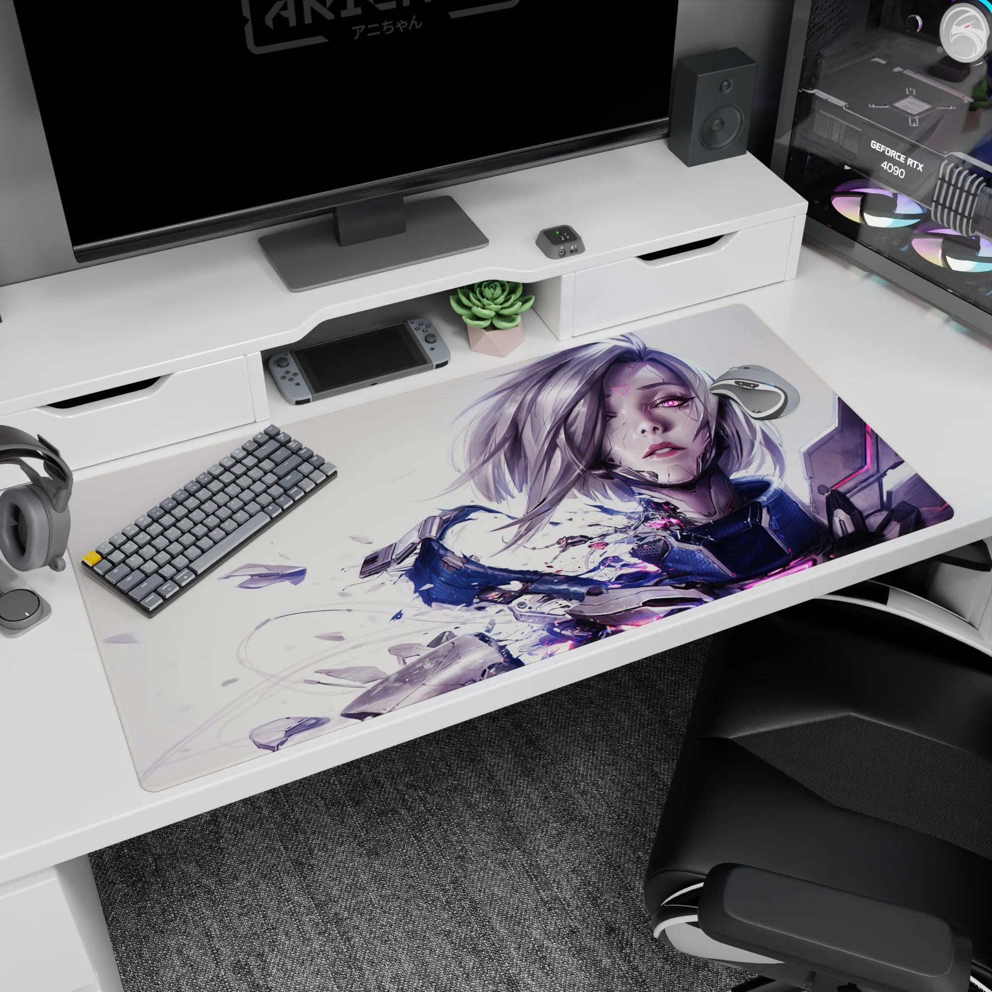 Cyber anime heroine with silver bob and shattered armor on a pale background desk pad 40x20 inches.