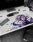 Cyber anime heroine with silver bob and shattered armor on a pale background desk pad 40x20 inches.