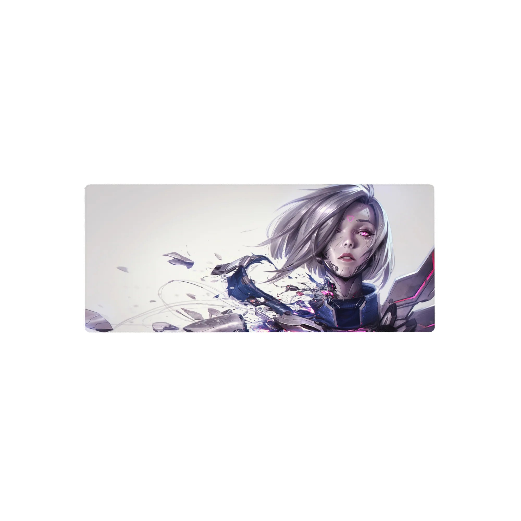Anime girl mouse pad 28x12 inches with sleek cyber heroine, cracked armor, and glitch-like neon streaks.