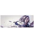 32x12 inches anime girl mouse pad with cyber heroine, silver bob hair, cracked armor, neon glitch lines.