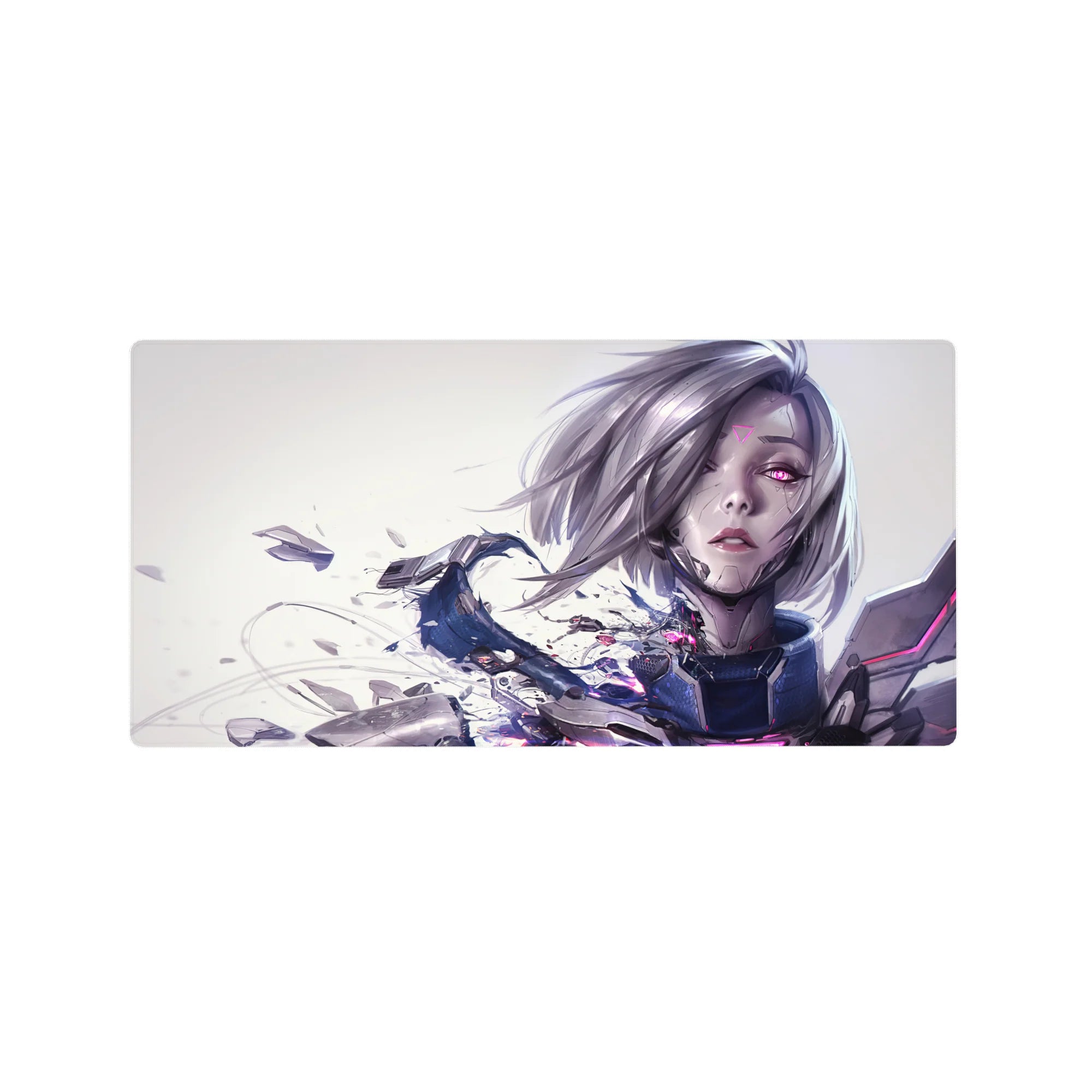 32x16 inches anime girl mouse pad with cyber heroine, silver bob hair, cracked armor, neon magenta glitches.