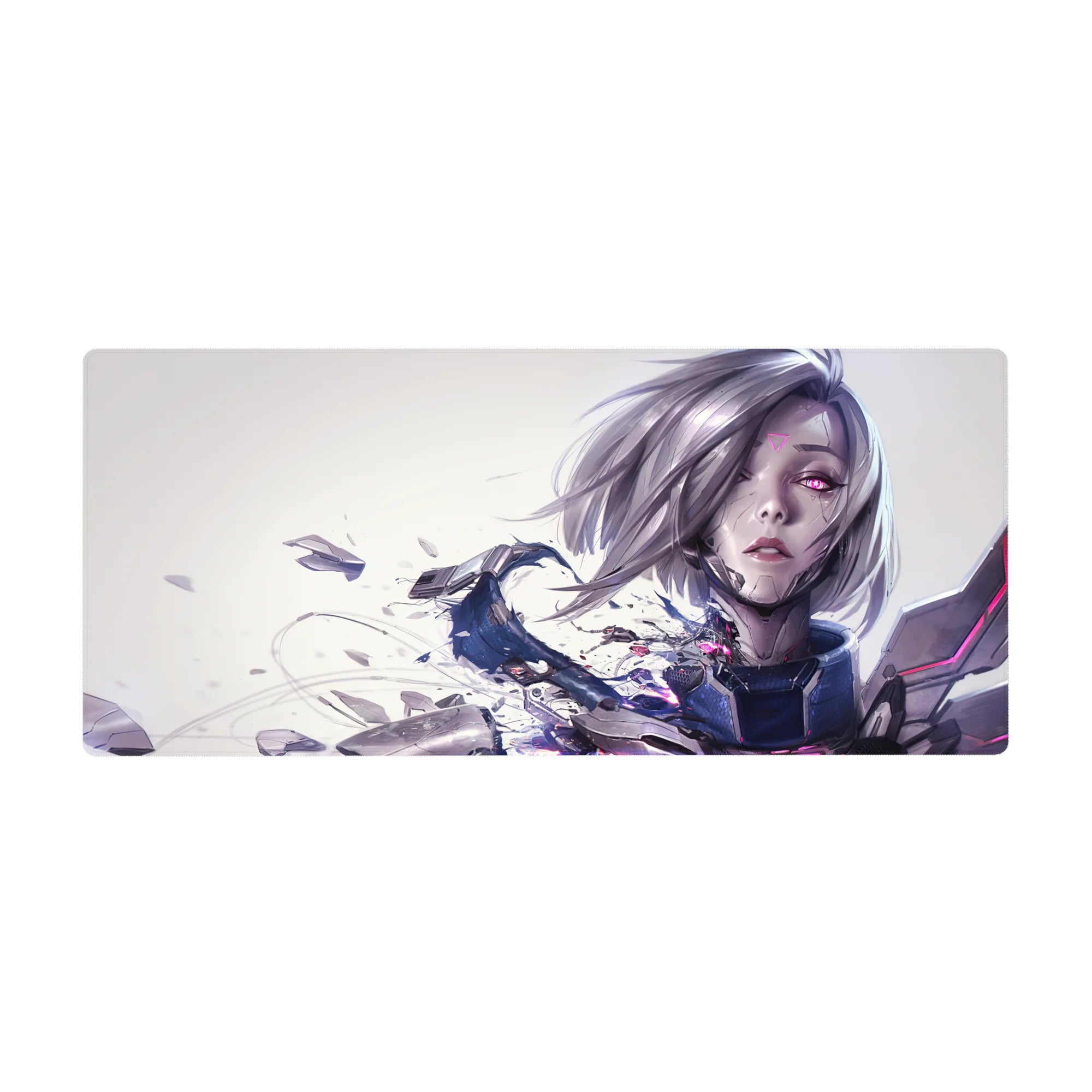Anime girl desk pad 36x16 inches with cyber heroine, cracked armor, neon magenta glitch accents.