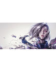 Anime girl desk pad 36x16 inches with cyber heroine, cracked armor, neon magenta glitch accents.