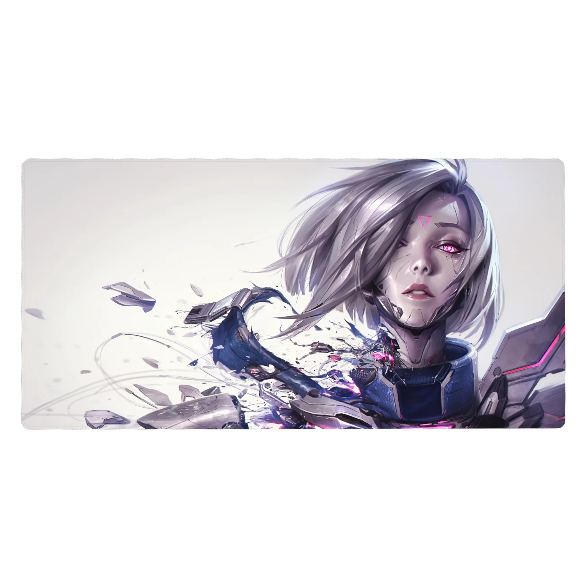 Anime girl desk pad 40x20 inches with cyber heroine, cracked armor and neon glitch streaks on pale backdrop.