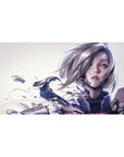 Anime girl desk pad 40x20 inches with cyber heroine, cracked armor and neon glitch streaks on pale backdrop.