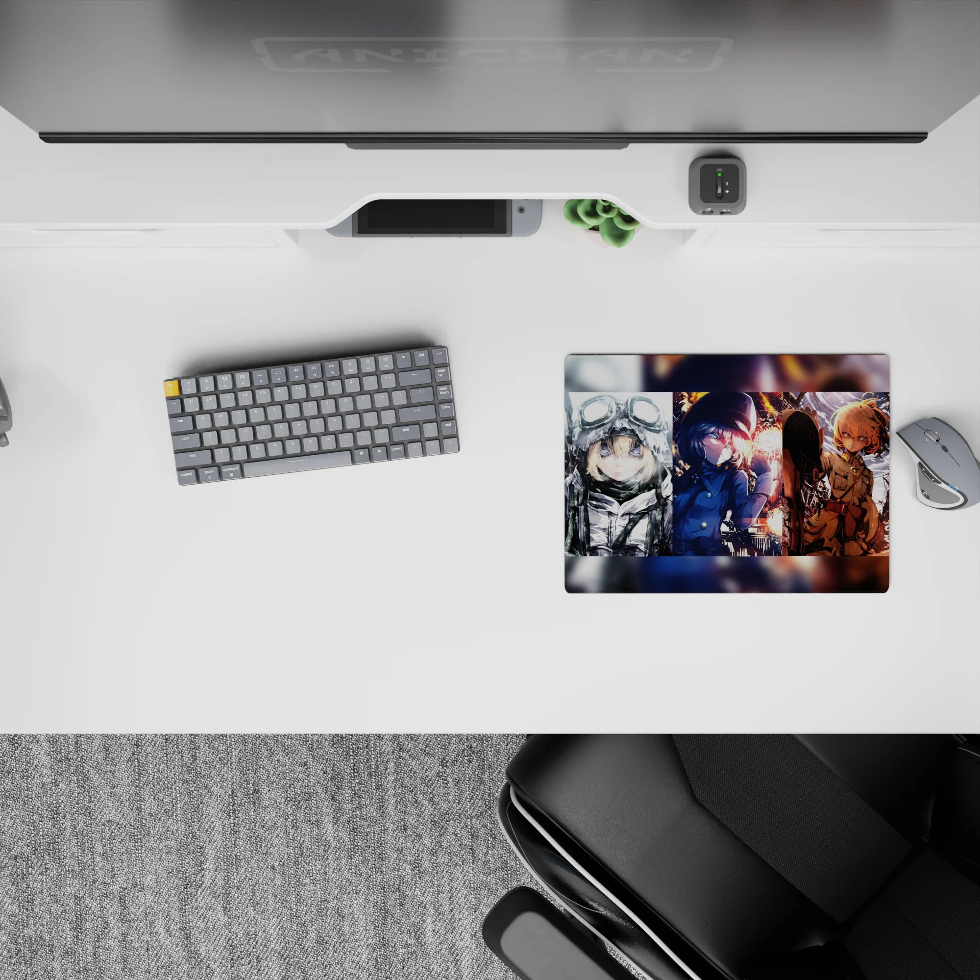 Icy gray, midnight blue, and ember orange anime girl mouse pad 14x10 inches with cool fierce vibe.