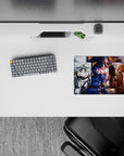 Icy gray, midnight blue, and ember orange anime girl mouse pad 14x10 inches with cool fierce vibe.