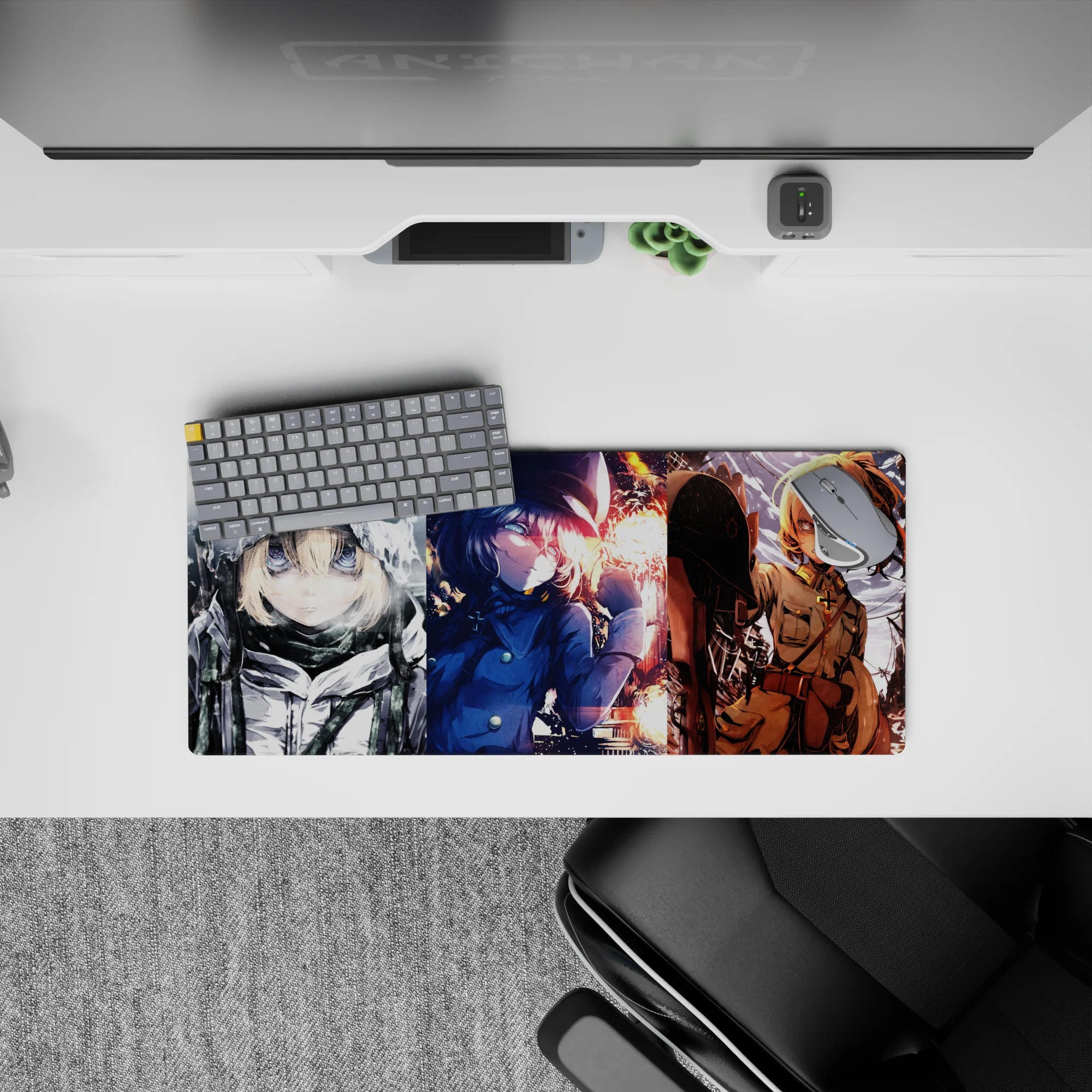 28x12 inches anime desk mouse pad in icy gray, midnight blue, and ember orange with a fierce cute vibe.