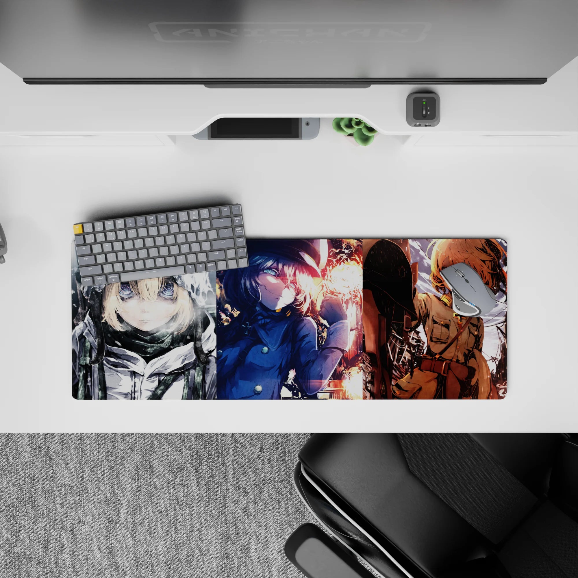 Icy grays, midnight blues, and ember orange anime desk mat 32x12 inches with bold, fierce vibe.