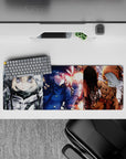 Icy grays, midnight blues, and ember orange anime desk mat 32x12 inches with bold, fierce vibe.