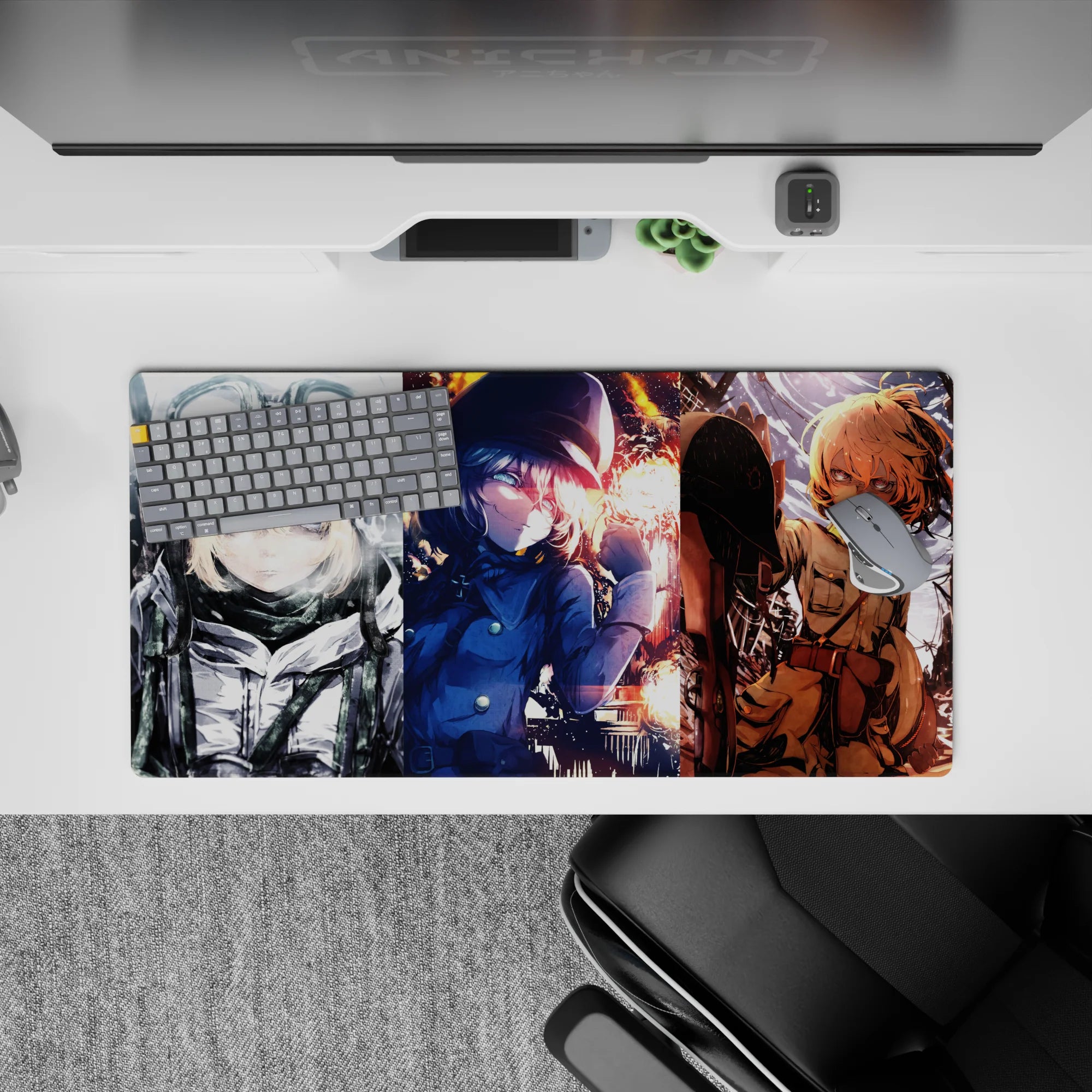 Anime girl mouse pad 32x16 inches in icy grays, midnight blues, and ember orange for a bold warlike mood.