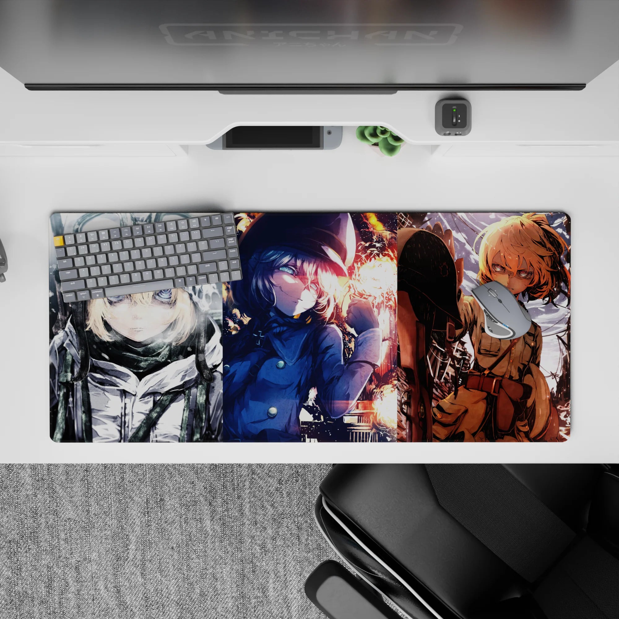 36x16 inches anime desk pad in icy grays, midnight blues, and ember orange with a fierce battlefield vibe.