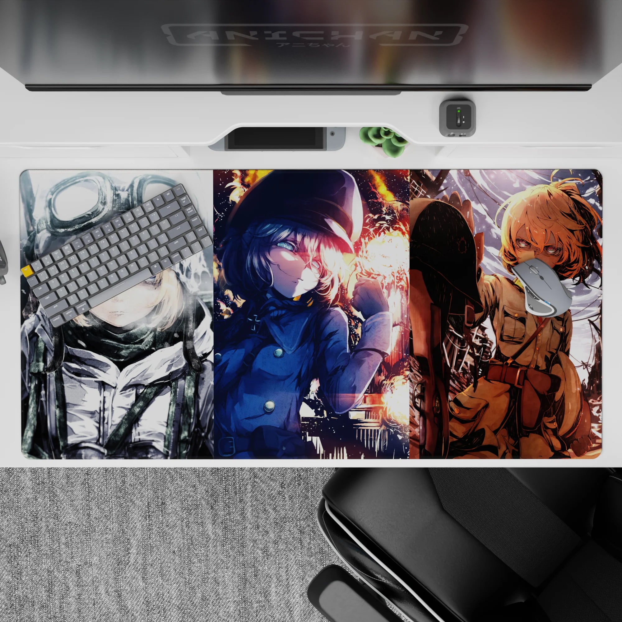 Sassy anime desk pad 40x20 inches in icy grays, midnight blues, and ember orange, crisp print for gaming.