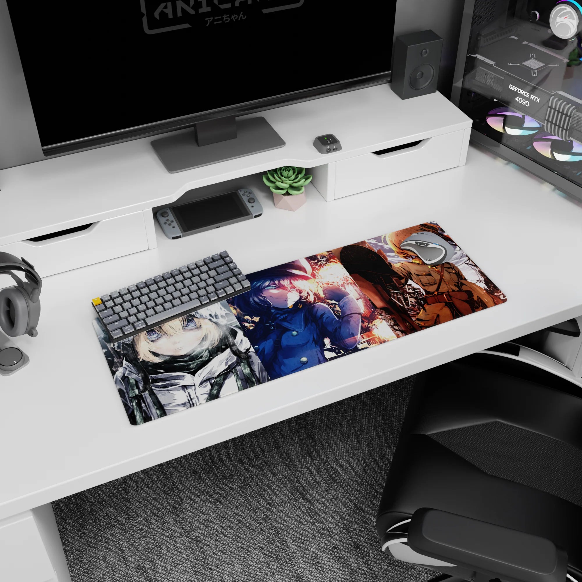 Tanya Degurechaff anime mouse pad 32x12 inches featuring three Saga of Tanya the Evil scenes.