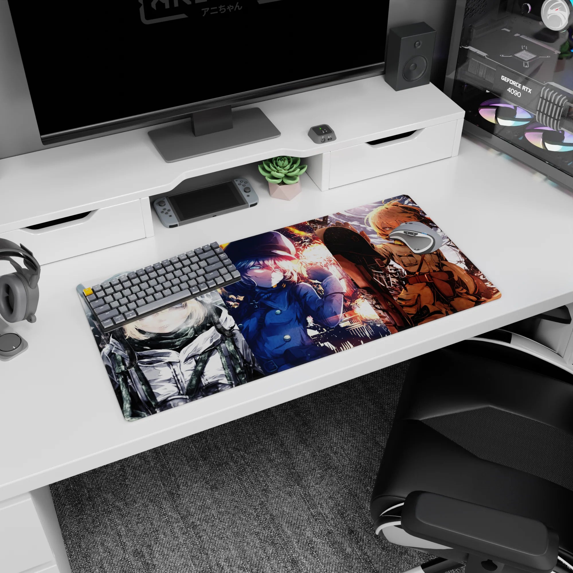 Anime girl mouse pad 32x16 inches with Tanya in cap and goggles, sharp stare across three action panels.