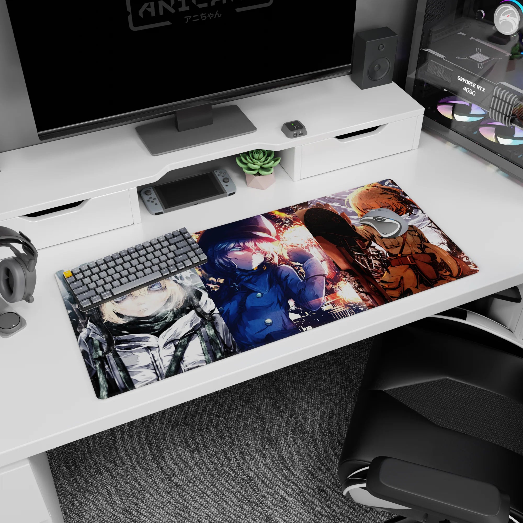 36x16 inches Tanya Degurechaff desk pad with goggles and cap, sharp stare across three anime scenes.