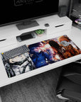 36x16 inches Tanya Degurechaff desk pad with goggles and cap, sharp stare across three anime scenes.