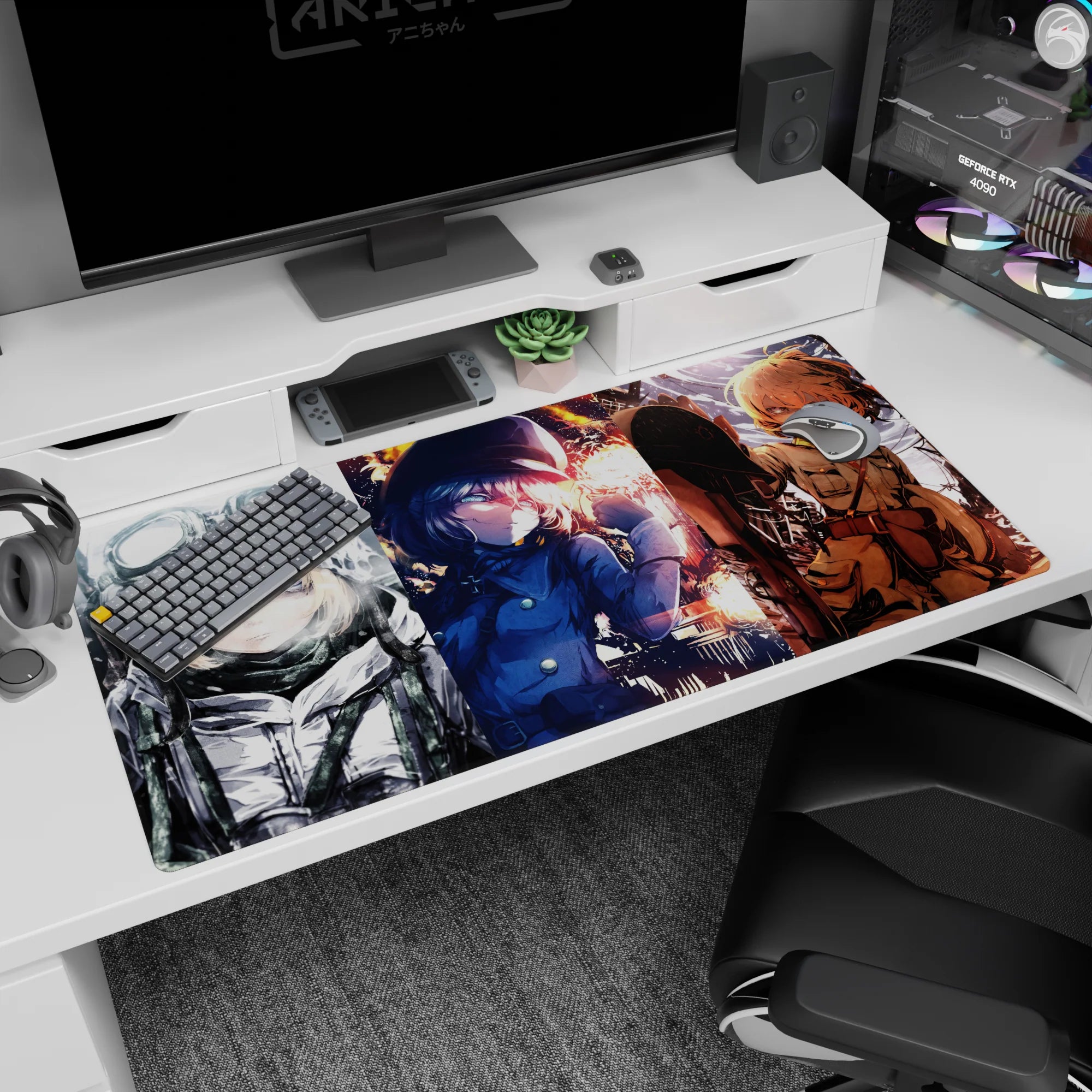 Tanya Degurechaff anime desk pad 40x20 inches showing her cute yet terrifying stare in battlefield scenes.