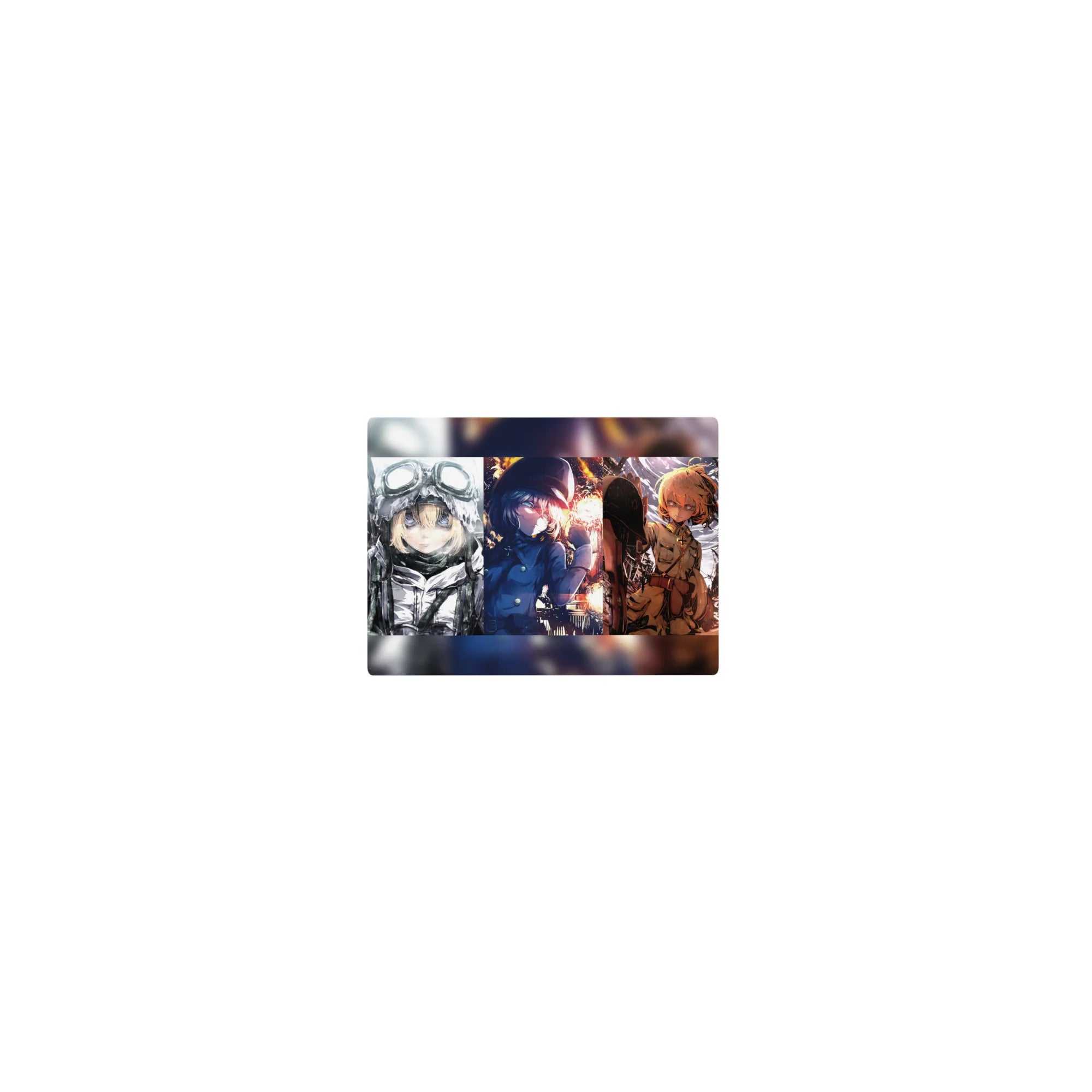 Classic anime girl mouse pad 14x10 inches with three Tanya-inspired battlefield scenes and sharp stare.