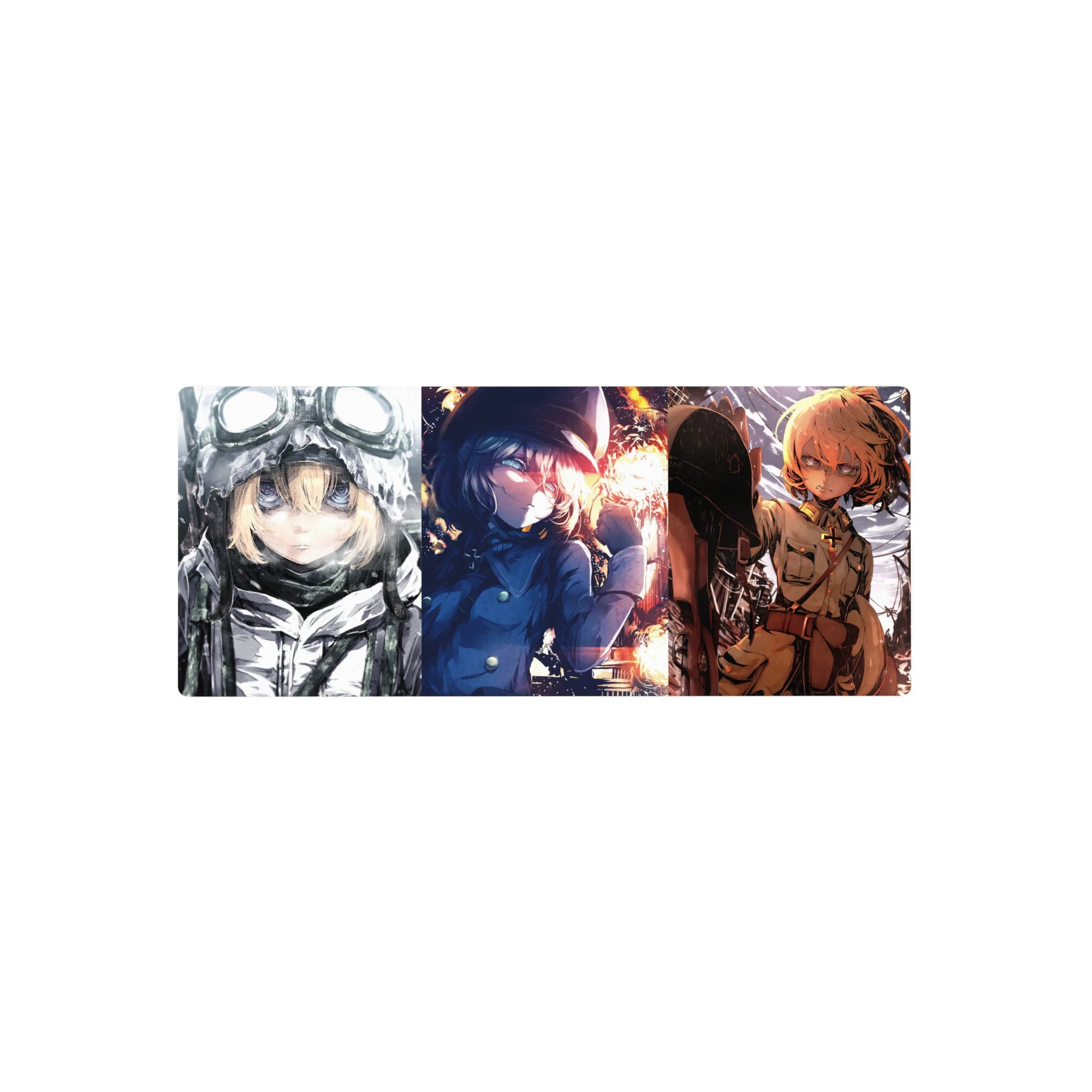 Anime girl mouse pad 28x12 inches with three Tanya scenes, smooth tracking desk mat for gaming and work.