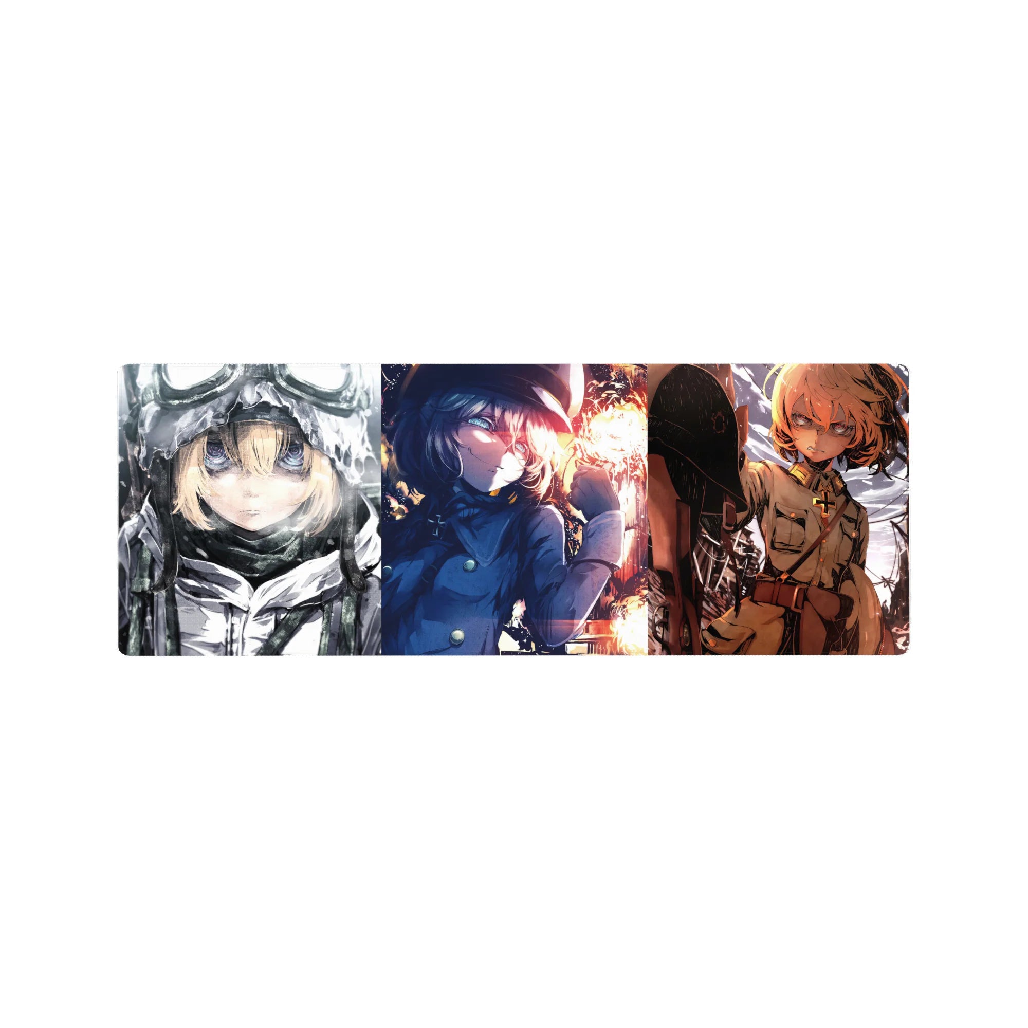 Triple-scene anime girl mouse pad 32x12 inches with goggles, cap, and sharp battlefield stare.