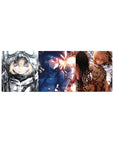 Triple-scene anime girl mouse pad 32x12 inches with goggles, cap, and sharp battlefield stare.