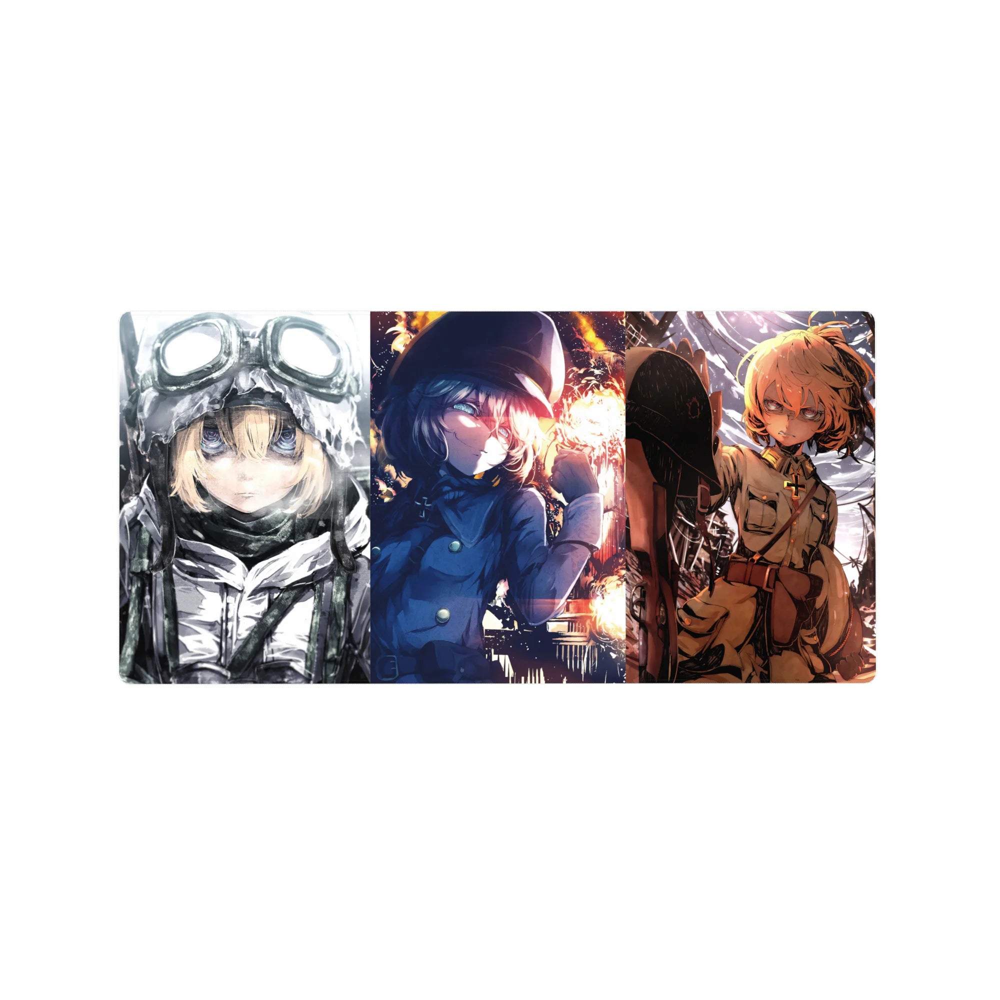 Anime girl mouse pad 32x16 inches featuring Tanya Degurechaff in a triple-scene battlefield design.