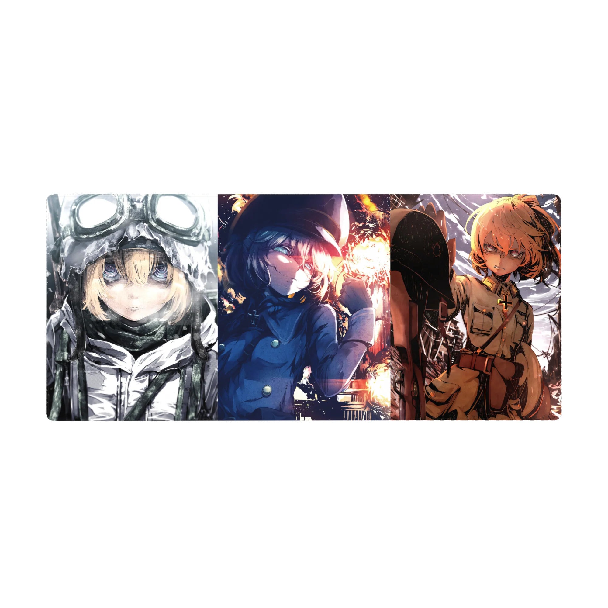 Anime girl desk pad 36x16 inches with triple-scene Tanya the Evil artwork for gaming and office use.