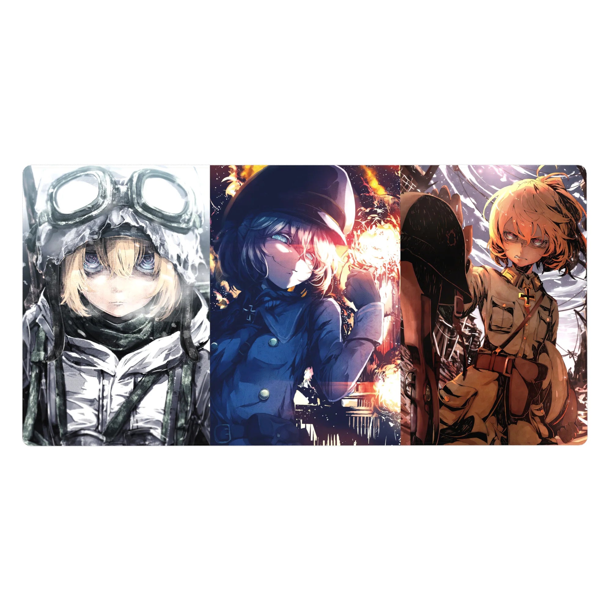 Anime girl desk pad 40x20 inches featuring three Tanya the Evil scenes with goggles, cap, and sharp stare.