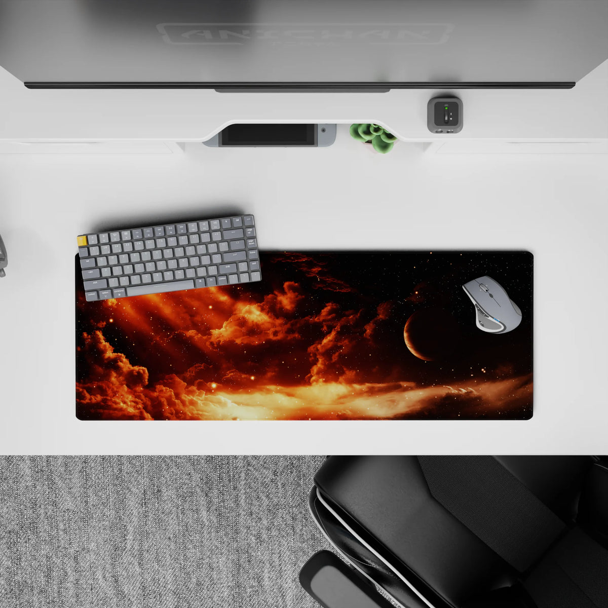 Warm orange and smoky brown 32x12 inches mouse pad with soft glowing pockets for a cozy sunset-in-space mood.
