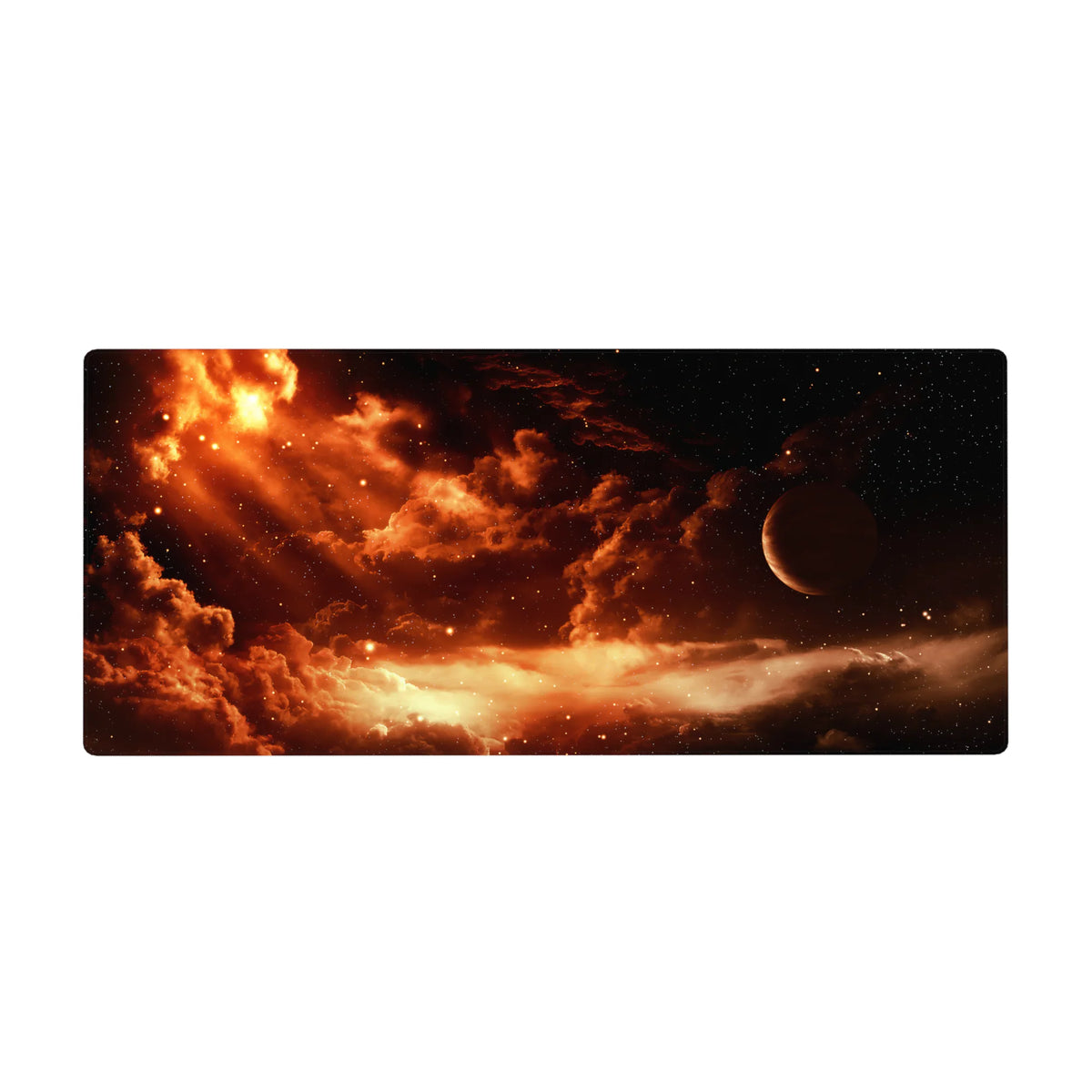 Molten ember-cloud cosmos desk pad with tiny stars and a side planet, 36x16 inches.