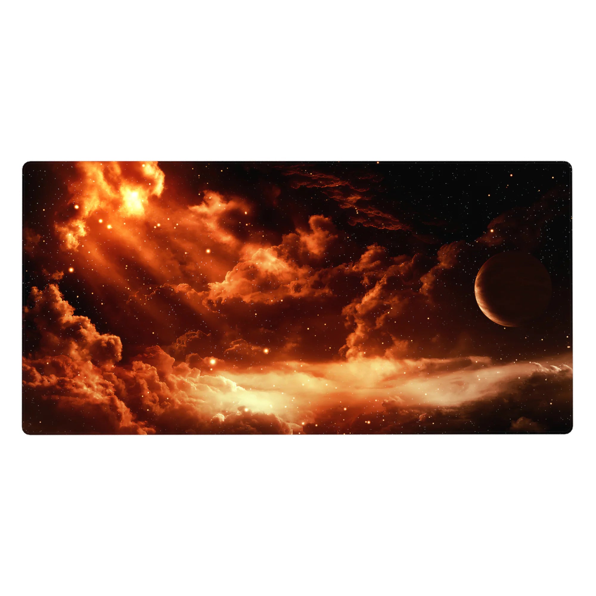 Molten ember cloud cosmos desk pad with tiny stars and side planet, 40x20 inches.
