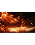 Molten ember cloud cosmos desk pad with tiny stars and side planet, 40x20 inches.