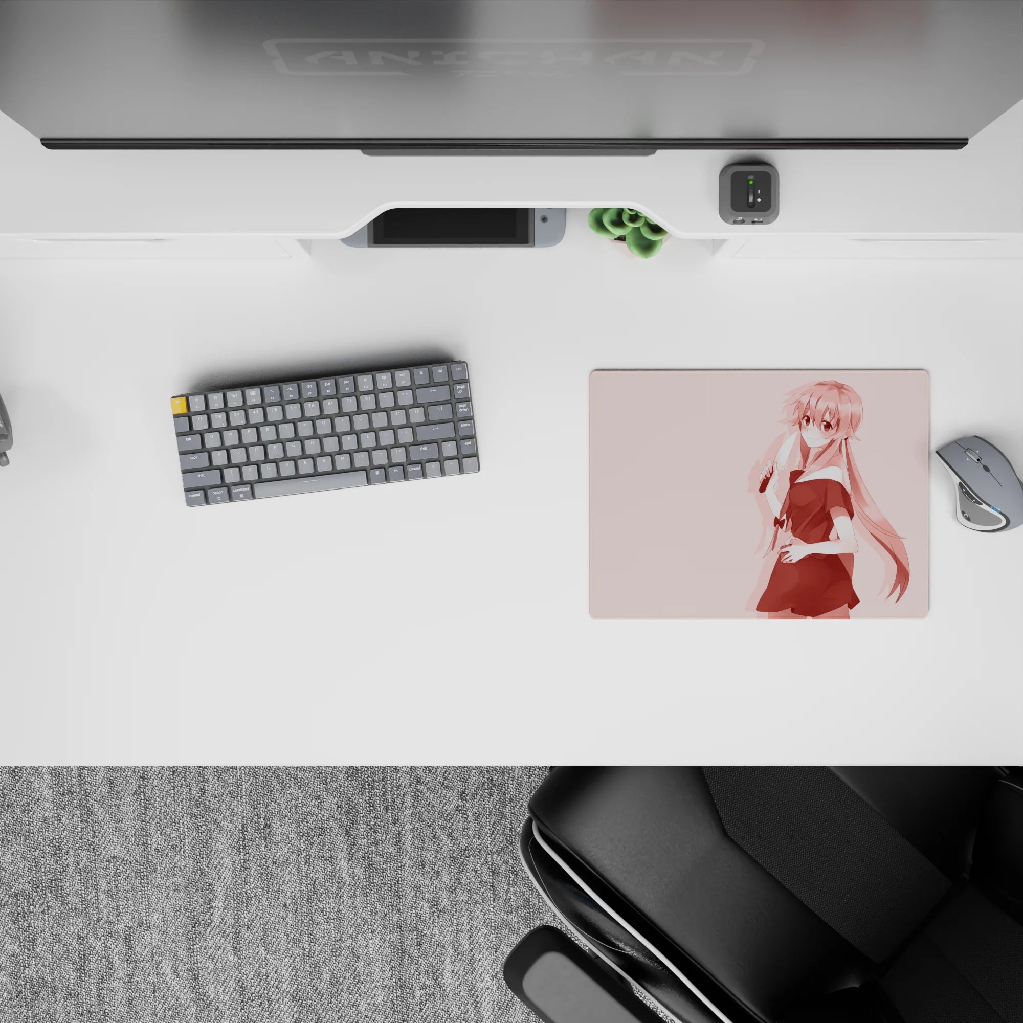 Pastel pink blush anime girl mouse pad 14x10 inches, rosy gradient tones, cute yet edgy yandere vibe.