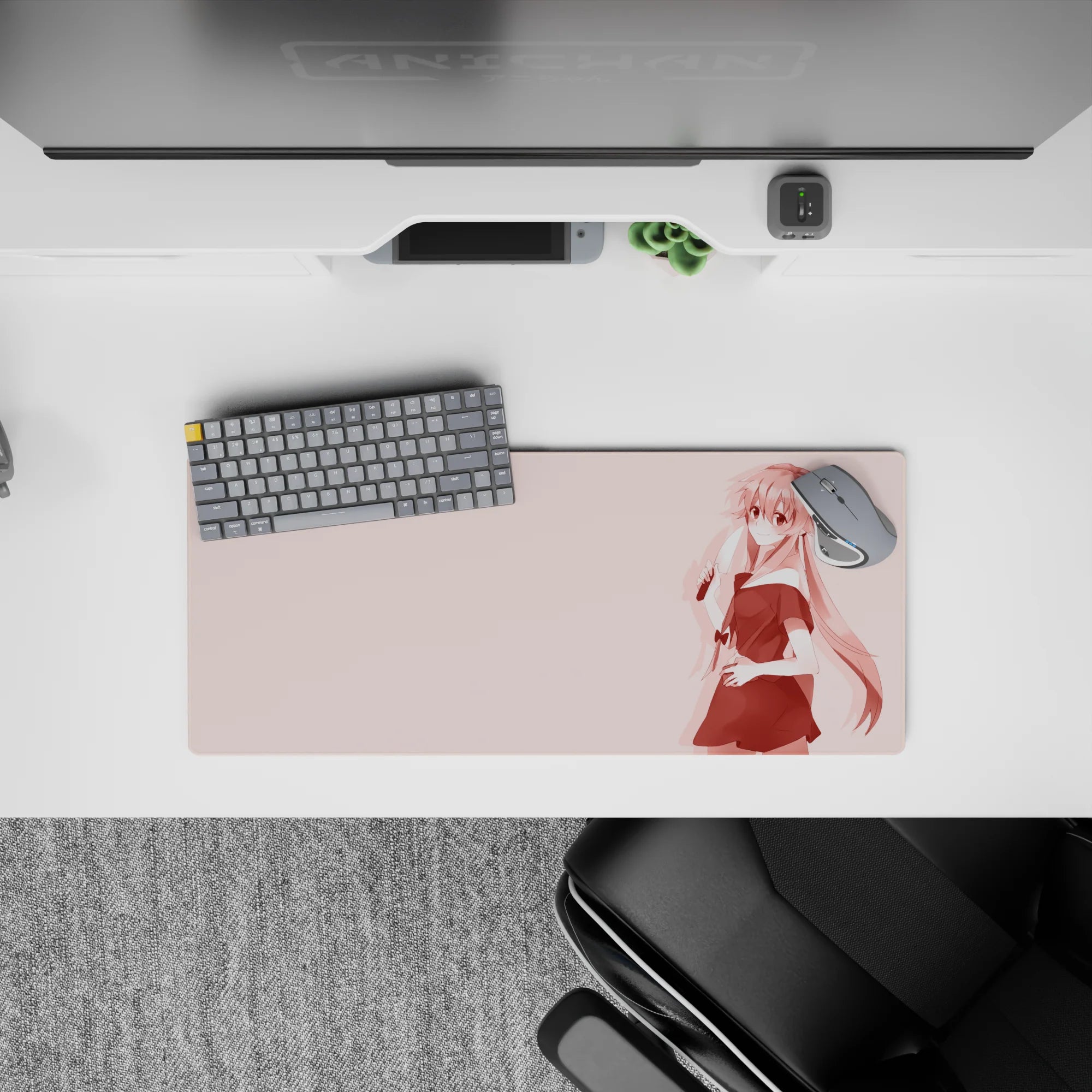 Anime girl mouse pad 28x12 inches in soft blush pink gradients, cute mood with a hint of danger.