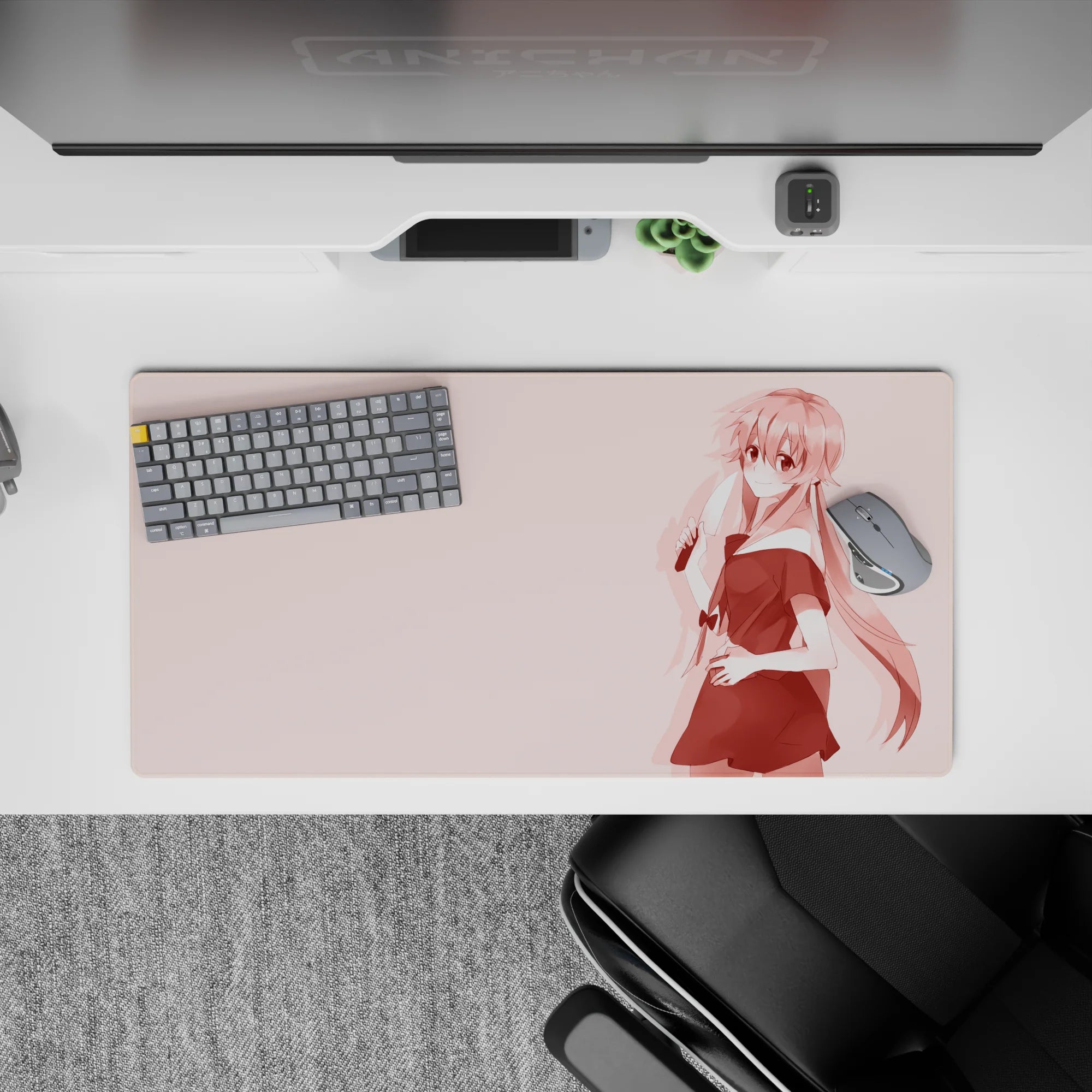 Rosy blush gradient anime girl mouse pad 32x16 inches, cute yet dangerous vibe for gaming.