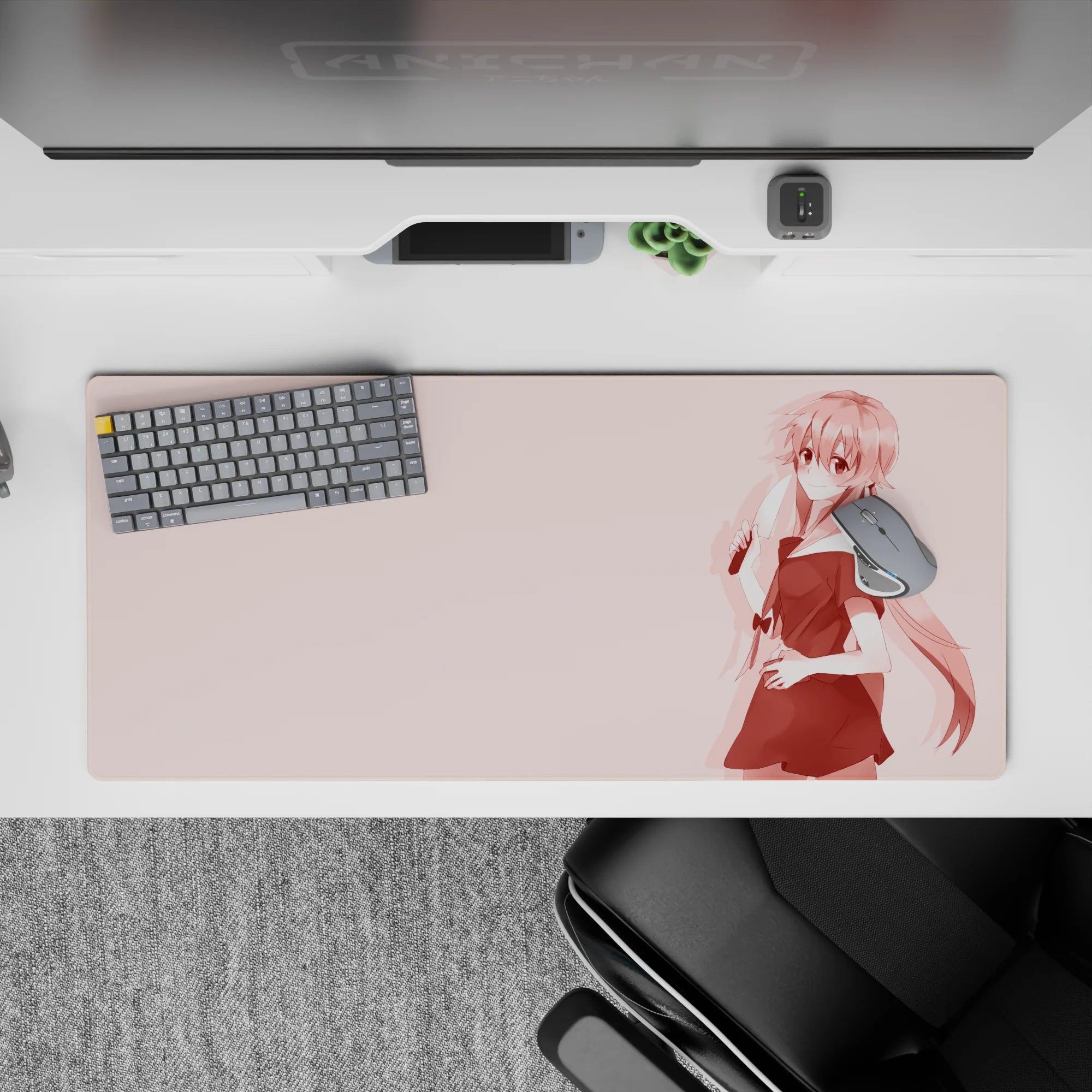 36x16 inches pastel blush anime desk pad, rosy gradients and cute-but-dangerous vibe for gaming or work.