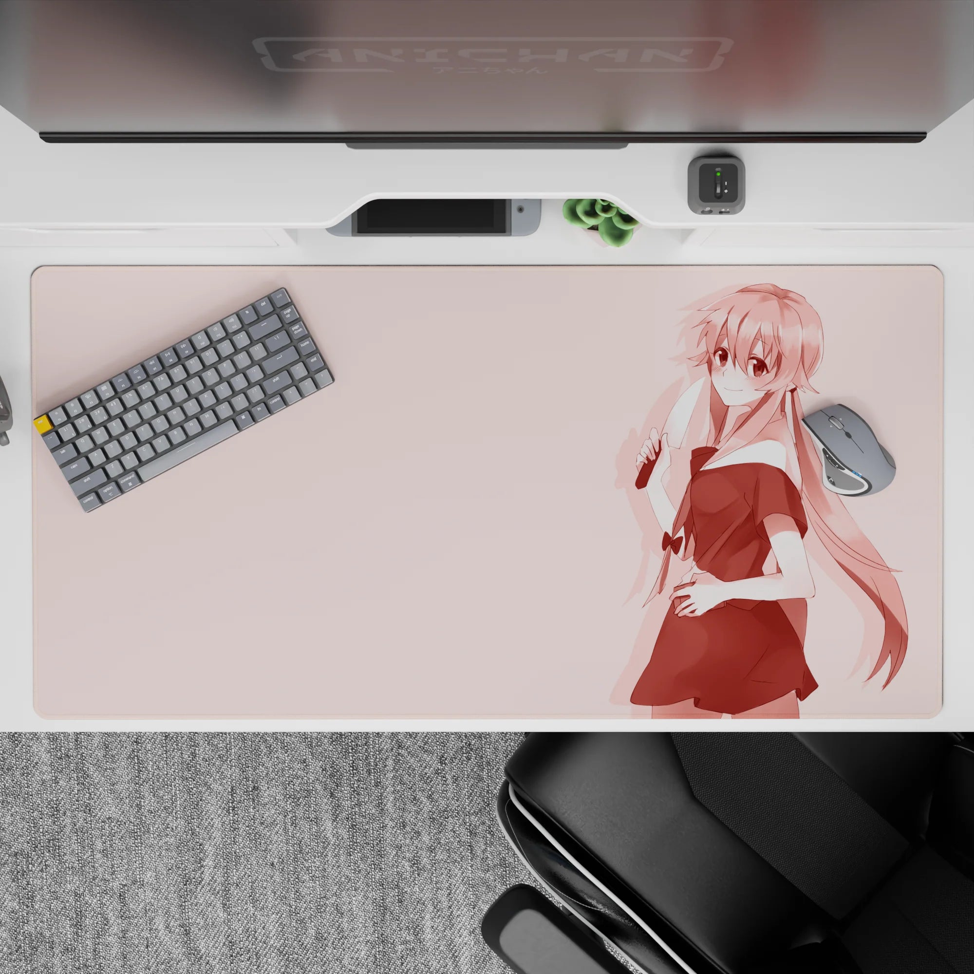 Soft blush yandere vibe desk mat in rosy gradients with smooth tracking, 40x20 inches.