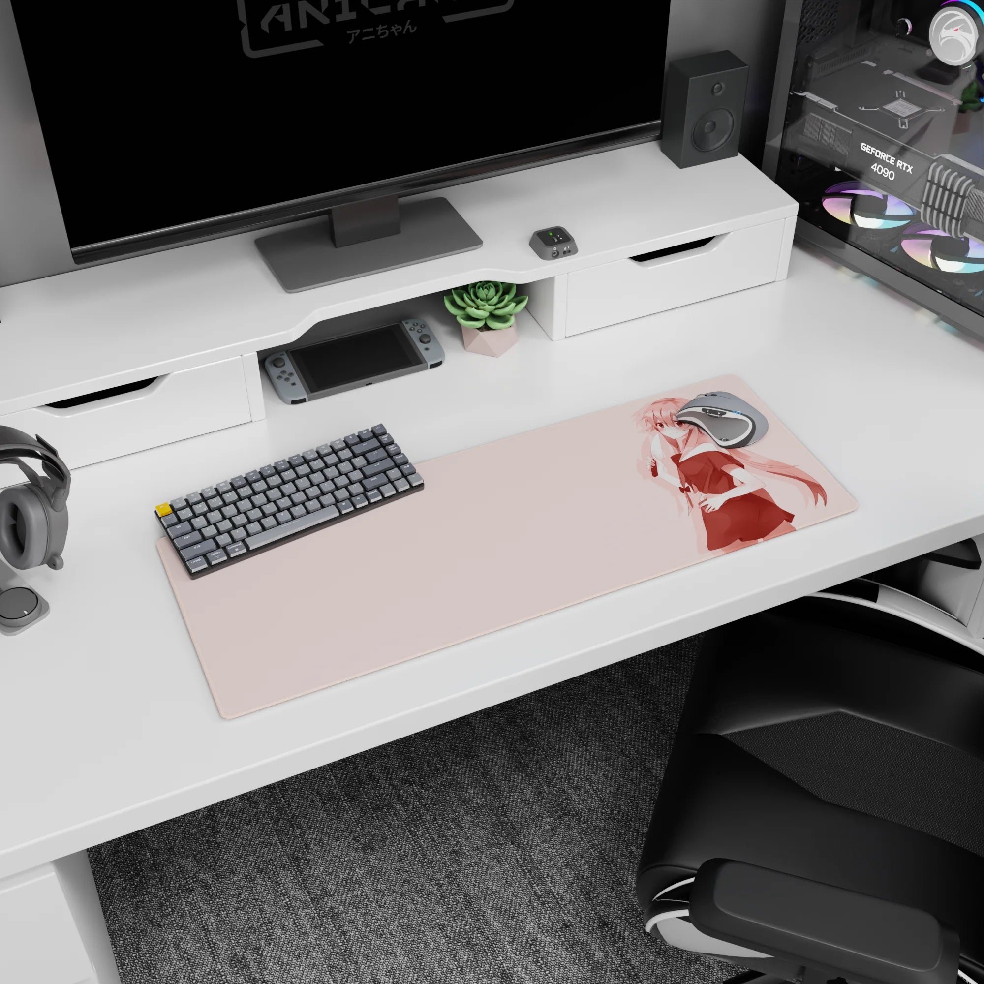 32x12 inches mouse pad featuring a shy-smiling anime girl holding a knife, pastel pink background and clean layout.